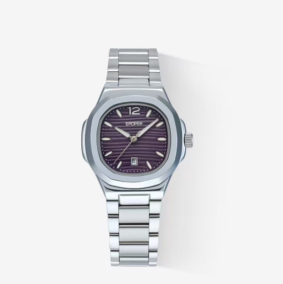 Watch-55|Cushion Shape Quartz Watch, Purple Textured Dial Stainless Steel Bracelet with Date