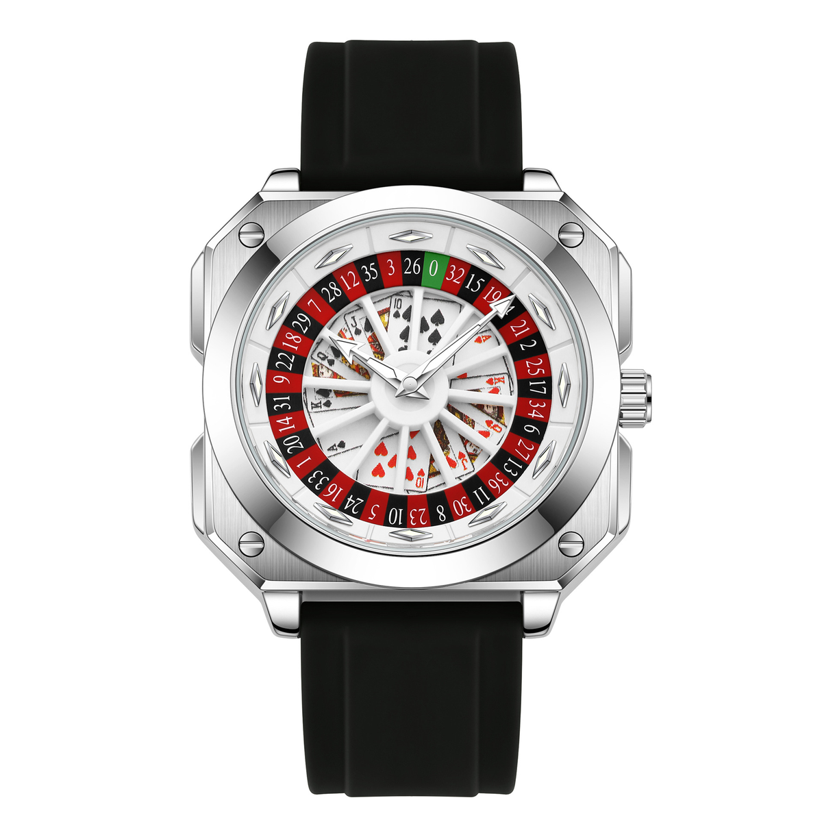 Silver Square Roulette Poker Dial Men Watch Black Silicone Strap Quartz Wristwatch(Watch-13)