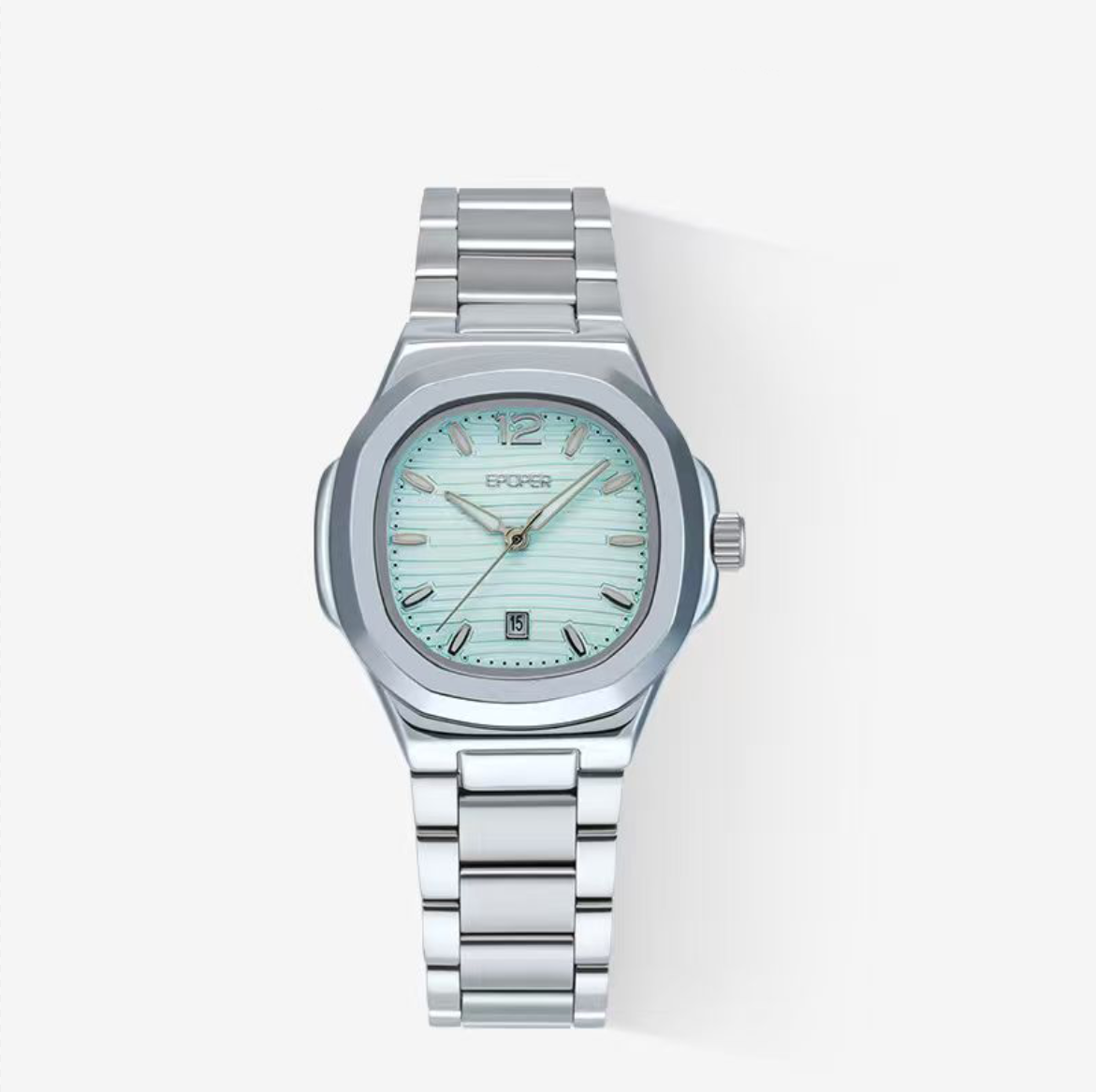 Watch-56|Light Mint Grooved Dial Silver Metal Band Date Window