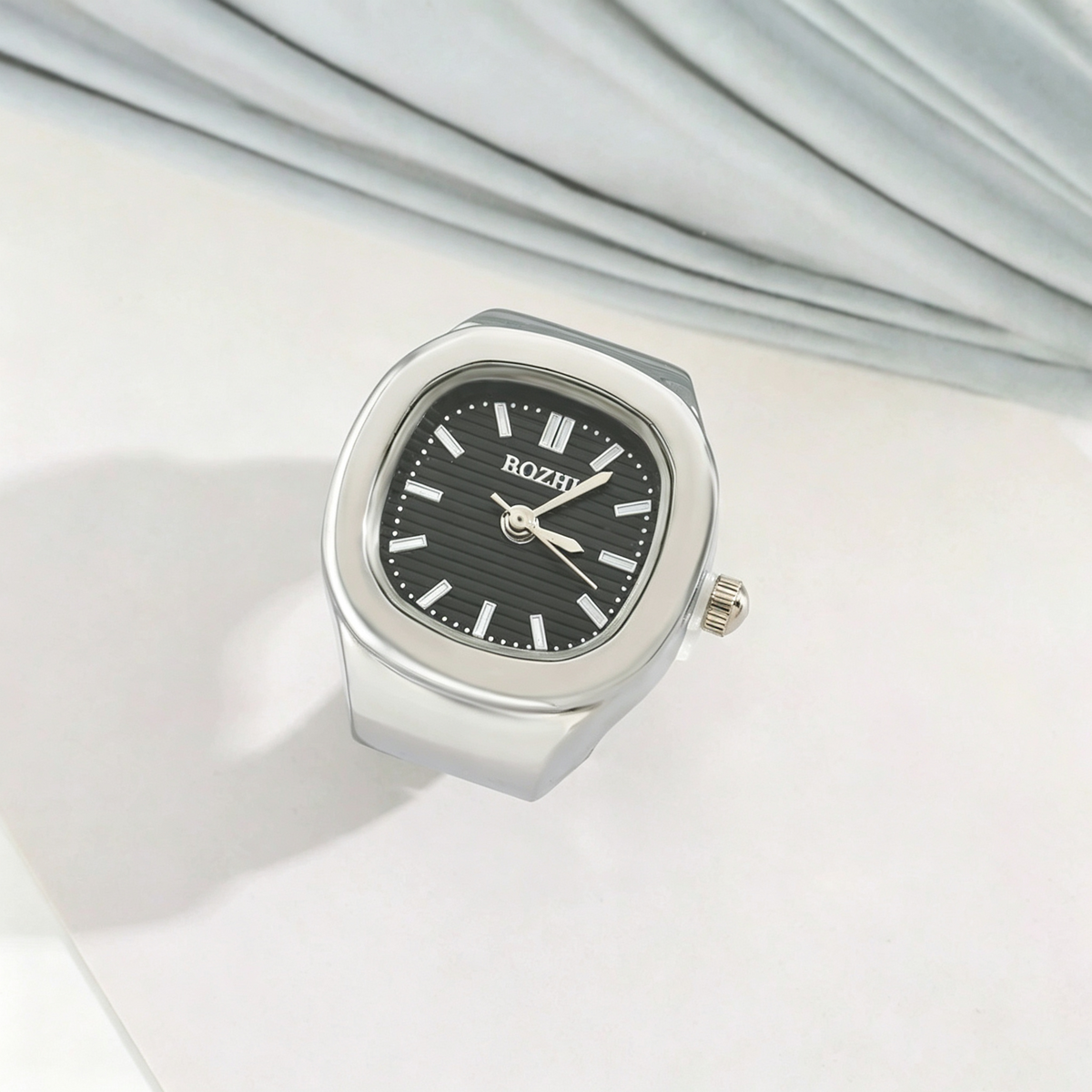 Mini Square Analog Quartz Ring Watch | Adjustable Metal Finger Timepiece