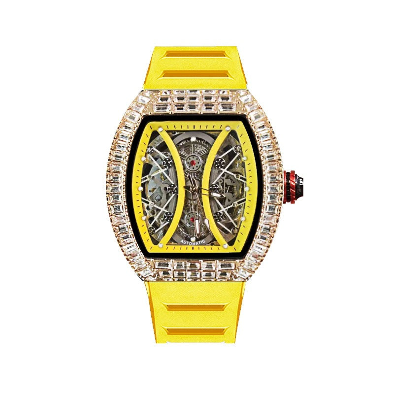 Iced‑Out Crystal Bezel Automatic Watch, Hollow Skeleton Dial Yellow Rubber Band