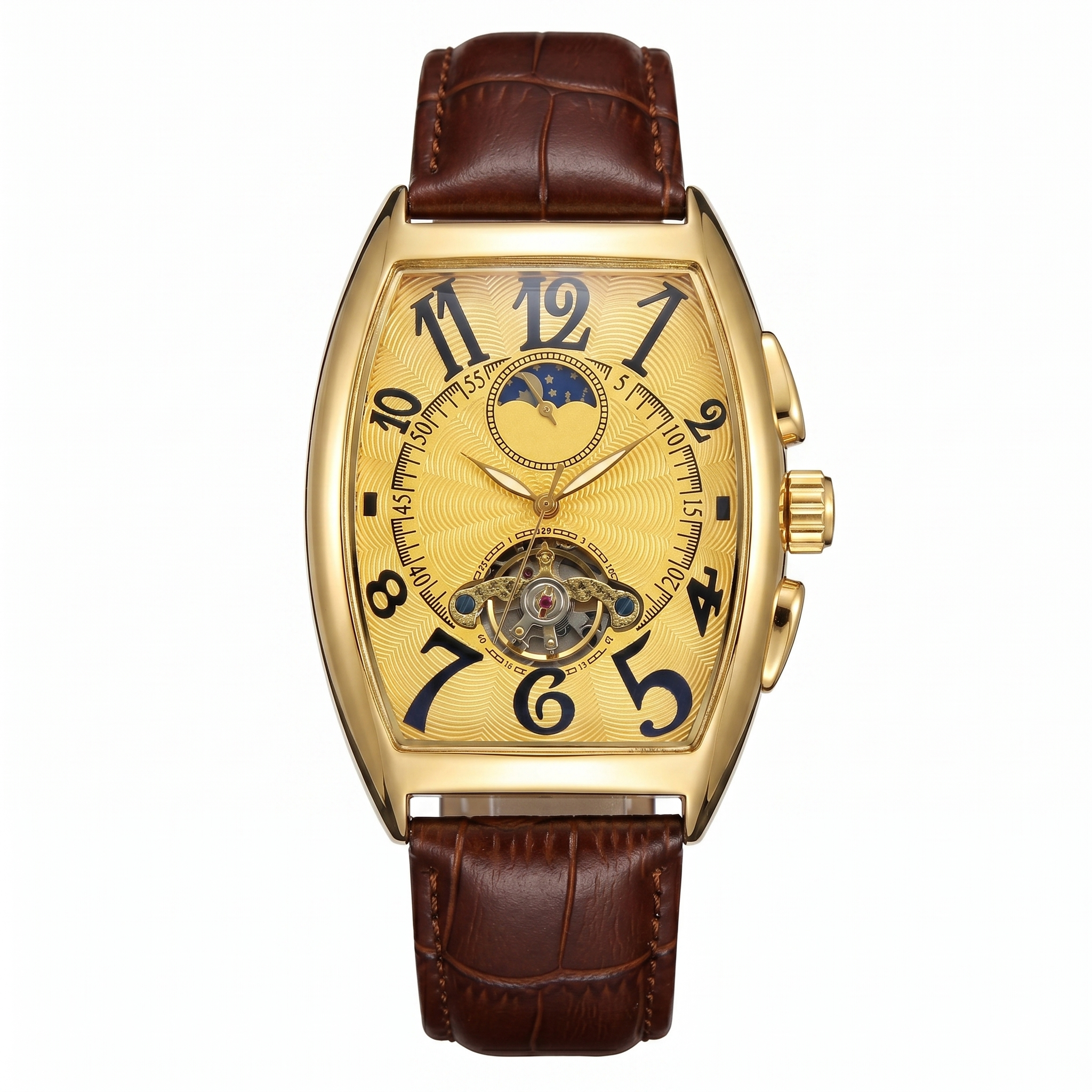 Gold Tonneau Moon Phase Tourbillon Men Watch Brown Leather Automatic Mechanical Wristwatch
