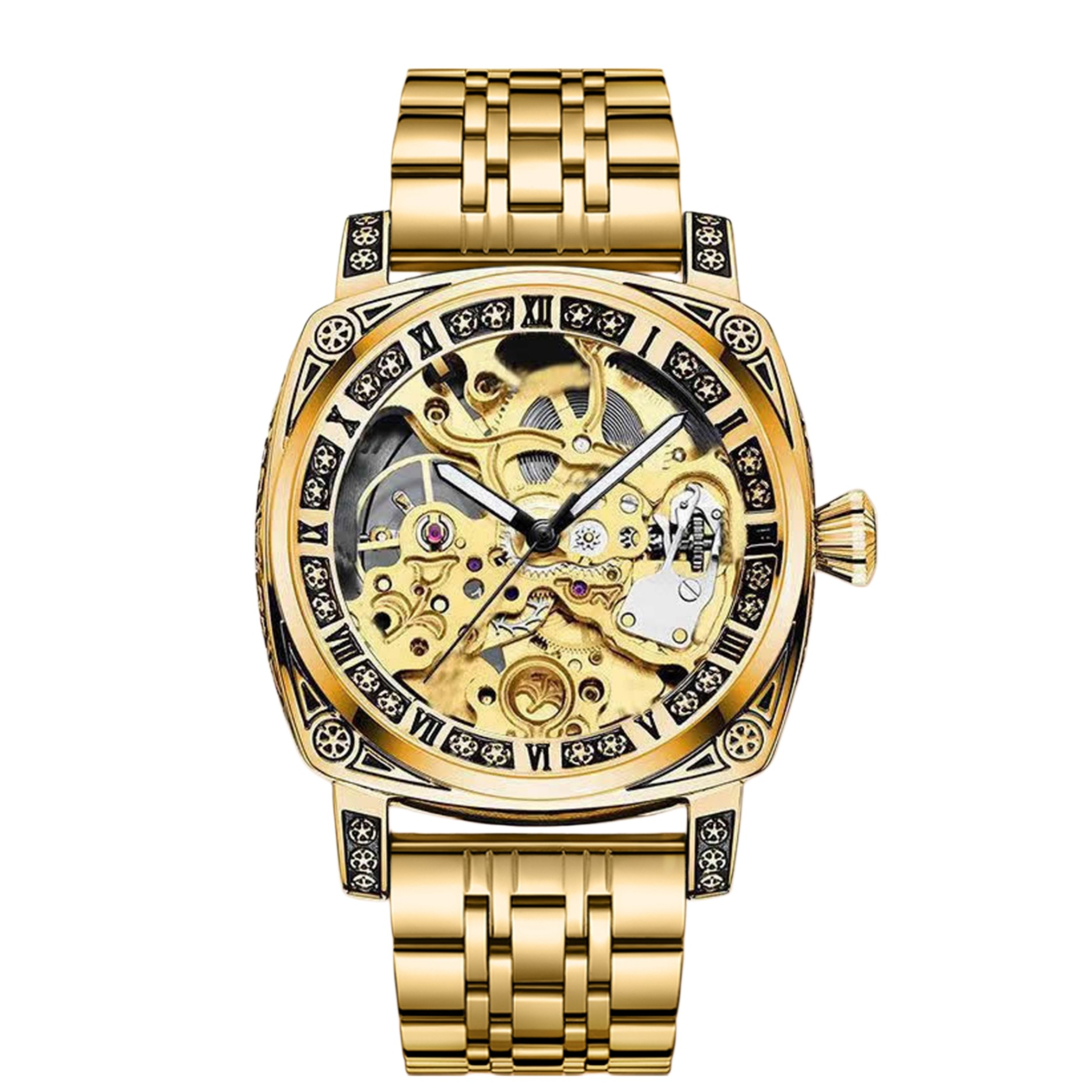 Gold Square Skeleton Dial Men Watch Roman Numeral Stainless Steel Mechanical Wristwatch 精简备选标题