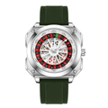 Silver Square Roulette Poker Dial Men Watch Green Silicone Strap Quartz Wristwatch