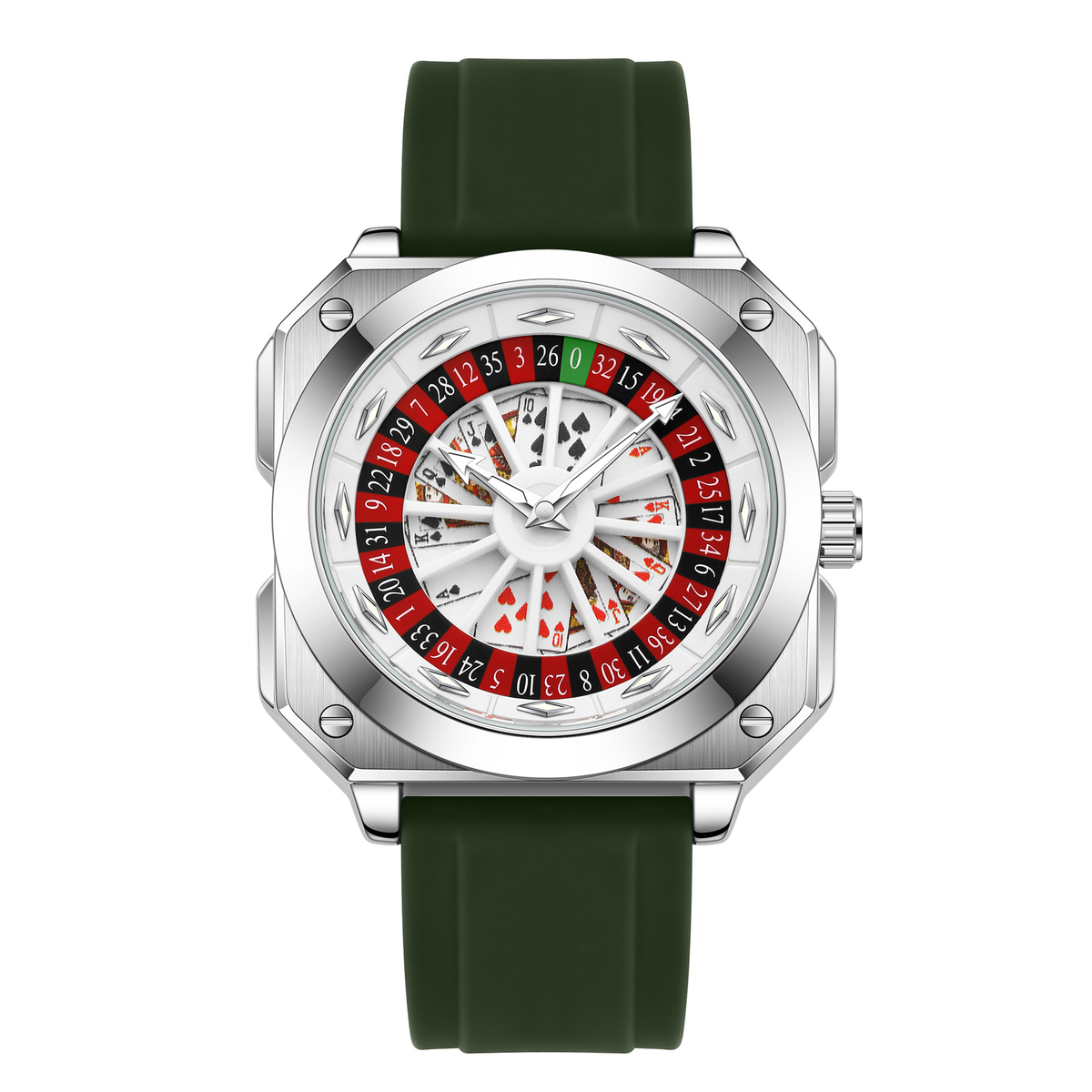 Silver Square Roulette Poker Dial Watch Green Silicone Strap Quartz Wristwatch（Watch-15）