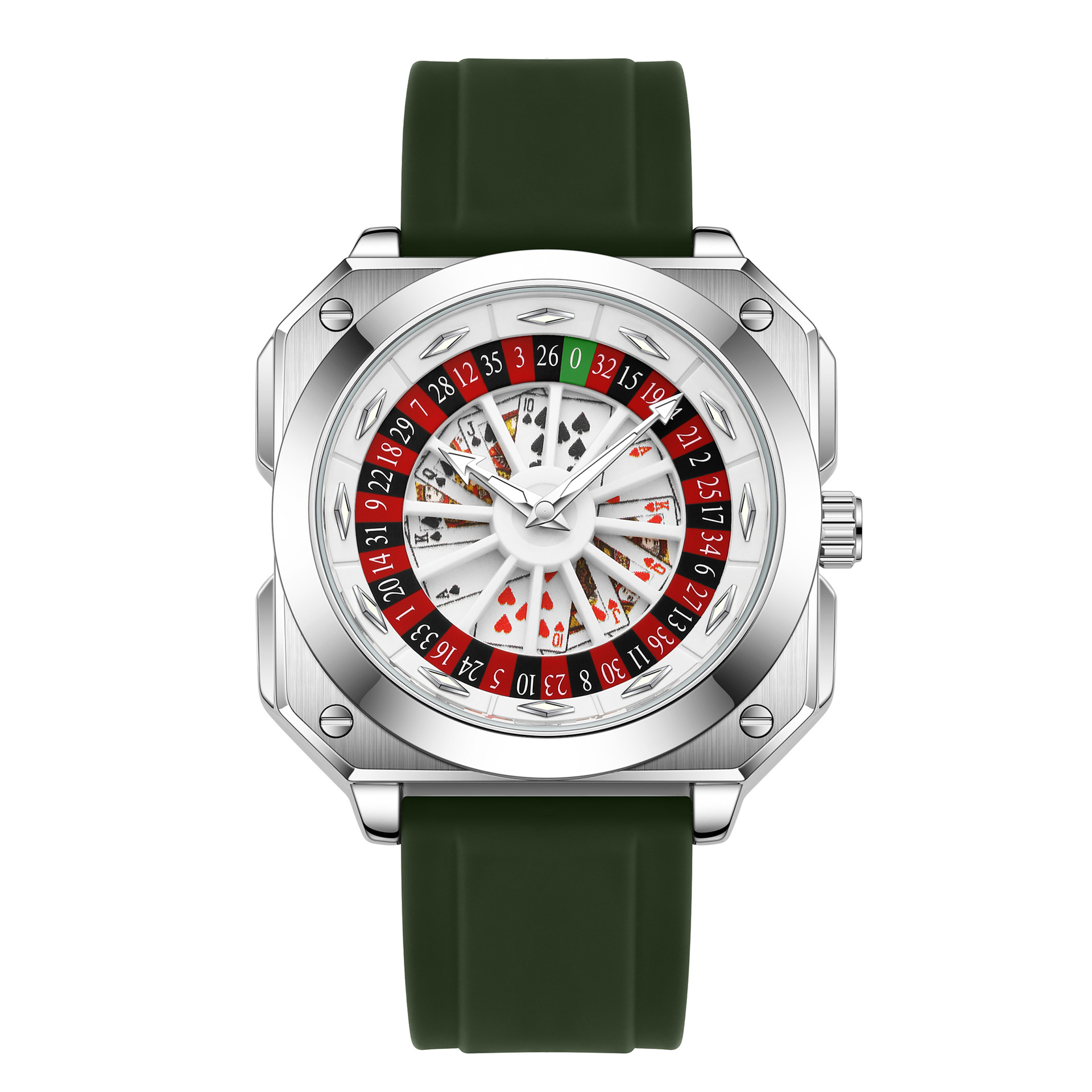 Silver Square Roulette Poker Dial Men Watch Green Silicone Strap Quartz Wristwatch
