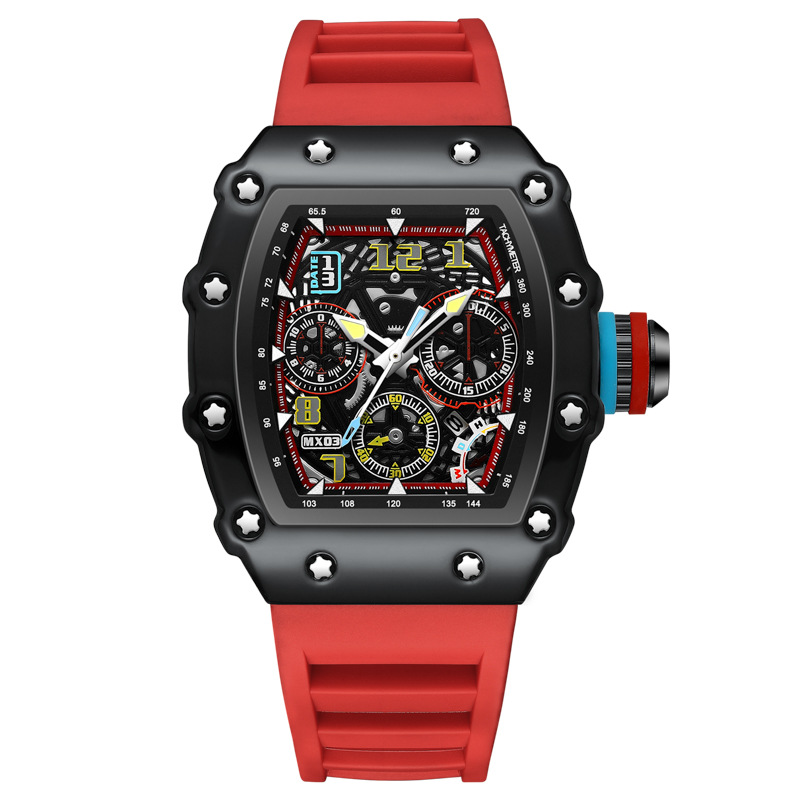 Black Tonneau Red Silicone Men Watch Skeleton Chronograph Sports Quartz Wristwatch