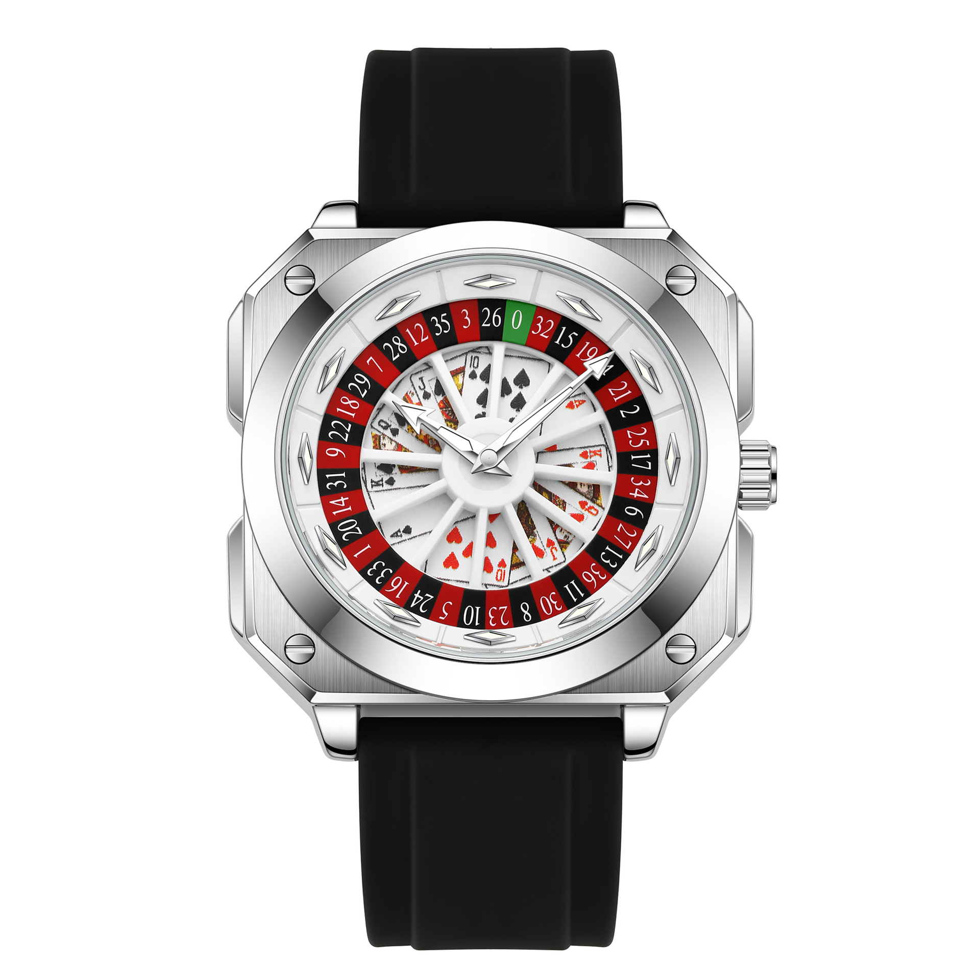 Silver Square Roulette Poker Dial Men Watch Black Silicone Strap Quartz Wristwatch
