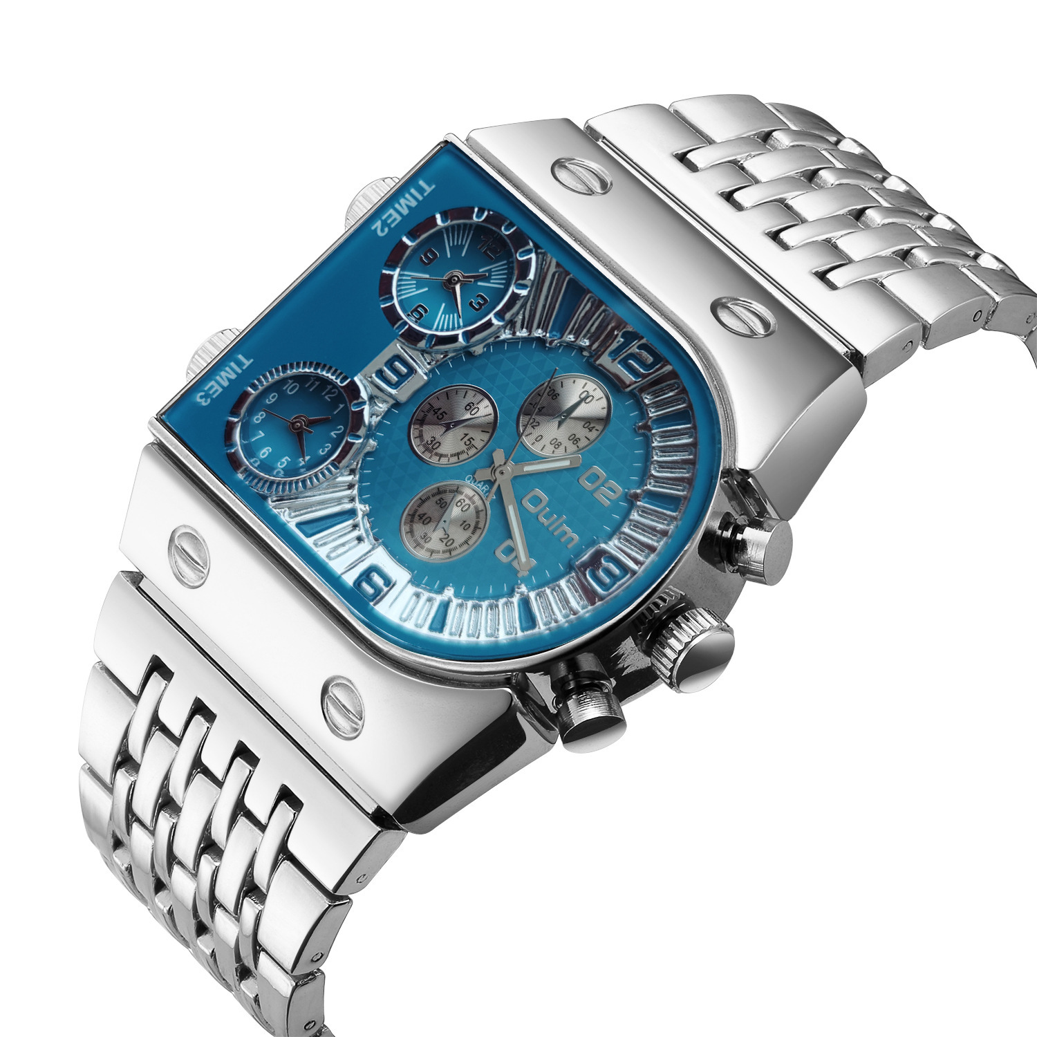 Oulm Silver Rectangle Multi-Time Zone Blue Dial Men Watch Stainless Steel Quartz Wristwatch