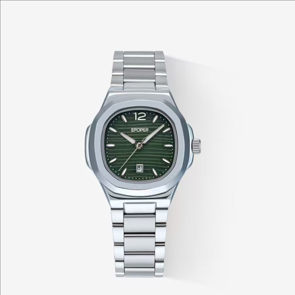 Watch-57|Minimalist Cushion Quartz Watch, Deep Green Wave‑Pattern Dial Integrated Steel Band