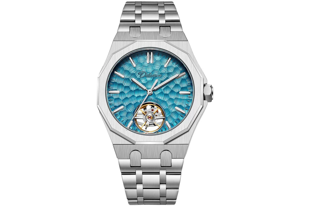 Watch-47|Octagonal Automatic Watch, Blue Textured Dial Open‑Heart Stainless Steel Bracelet