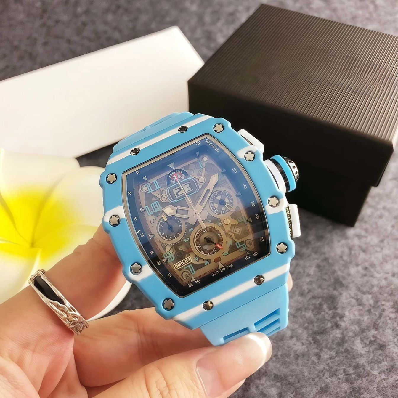 Tonneau Blue Silicone Men Watch Skeleton Chronograph Sports Quartz Wristwatch