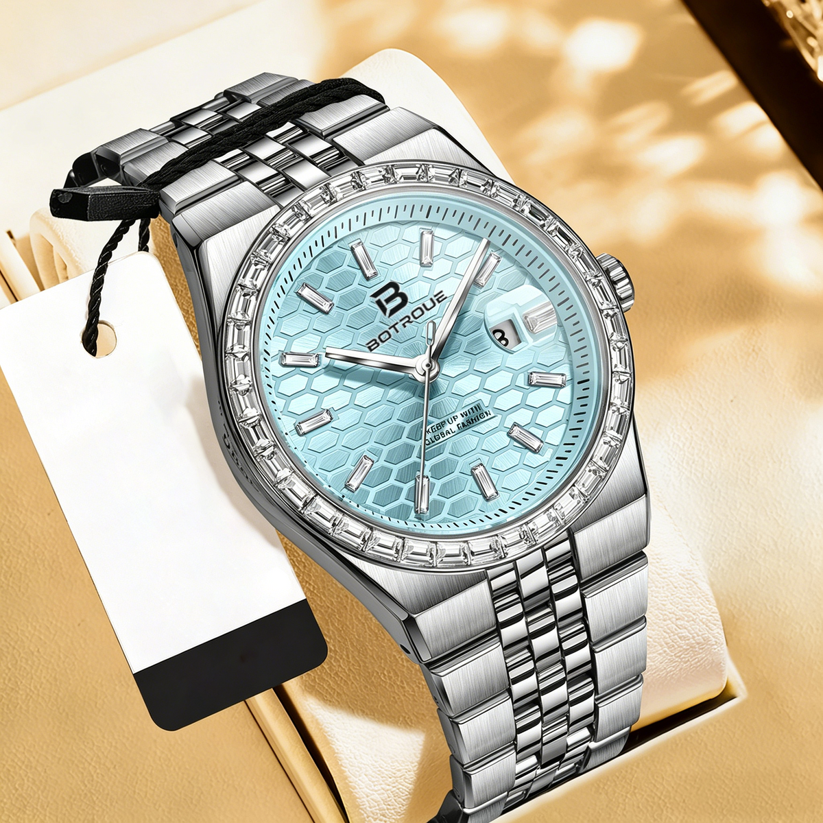 Sparkling Rhinestone Bezel Wristwatch, Light Blue Dial Stainless Steel Band Date Display