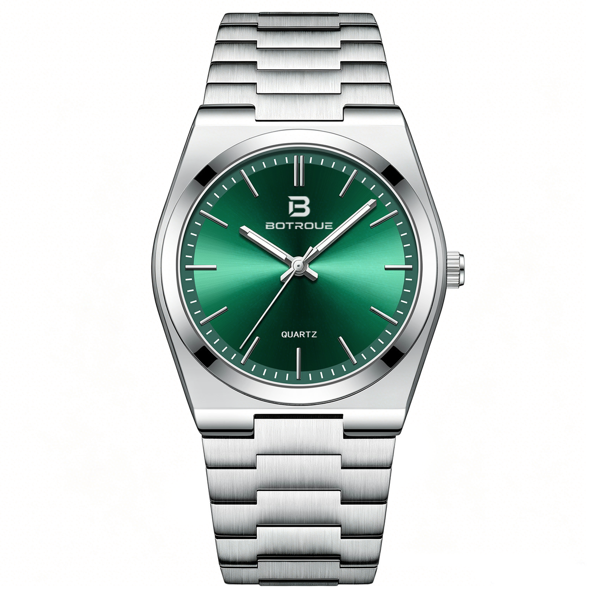 Green Sunburst Dial Quartz Watch, Stainless Steel Integrated Link Bracelet
