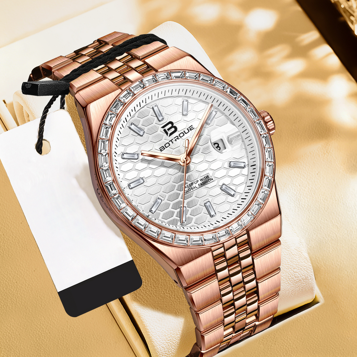 Crystal Bezel Quartz Watch, White Honeycomb Dial Stainless Steel Bracelet with Date