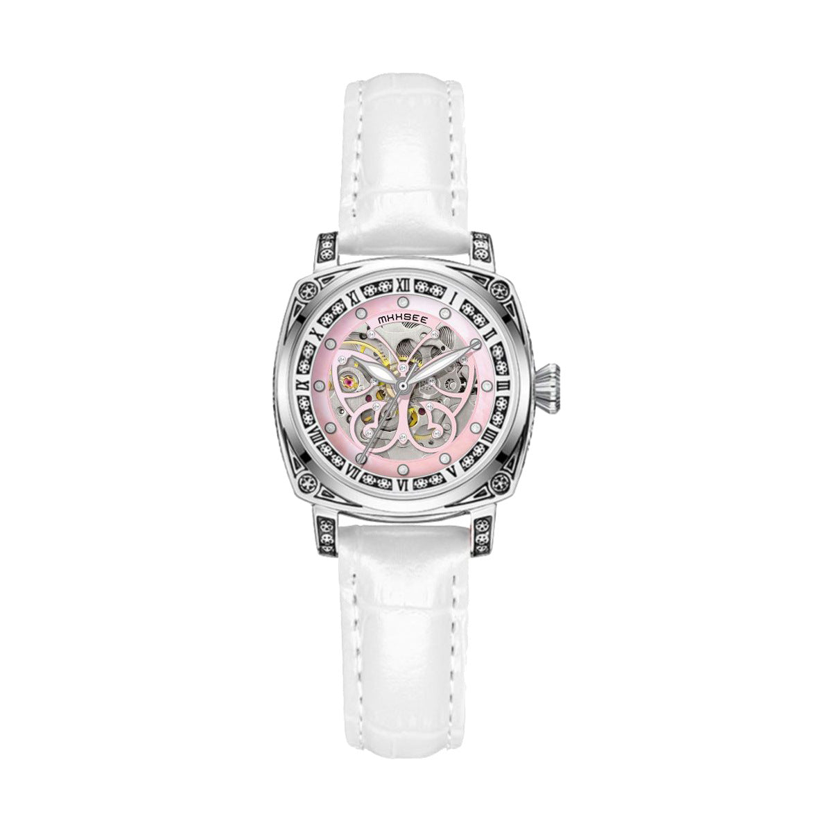 Watch-48|Skeleton Automatic Watch Pink Hollow Dial White Crocodile‑Texture Leather Strap