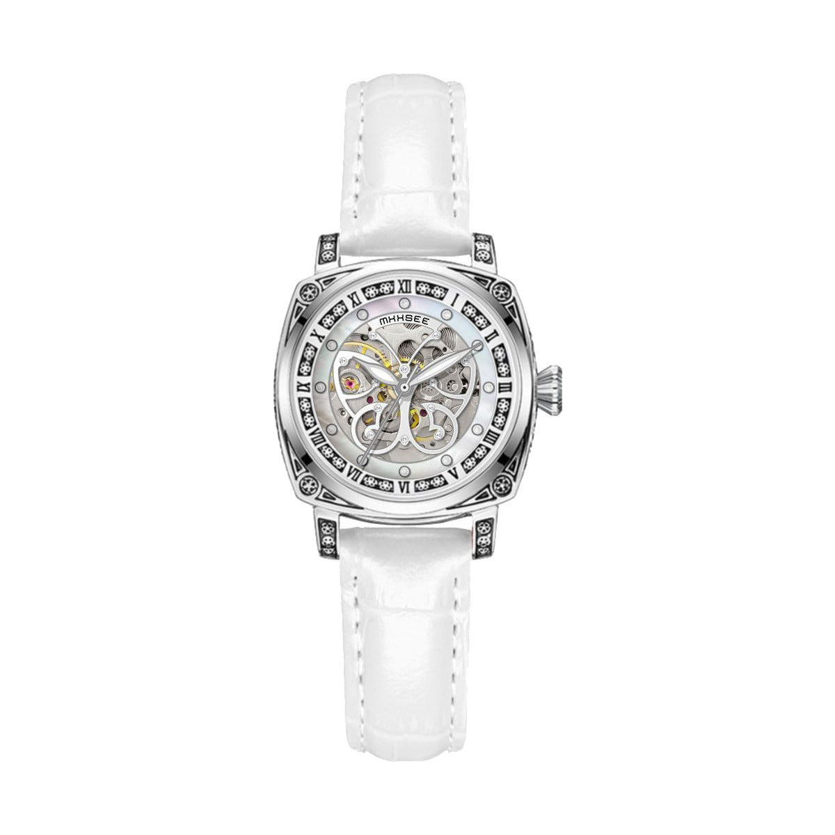 Watch-49| Cushion Skeleton Automatic Watch, White Shell Hollow Dial White Croc‑Texture Leather Strap