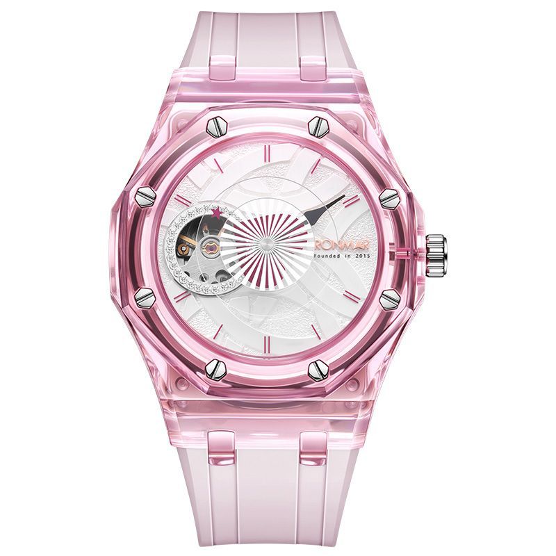 Watch-50|Clear Pink Case Mechanical Wristwatch, Octagonal Open‑Work Dial Soft Silicone Band