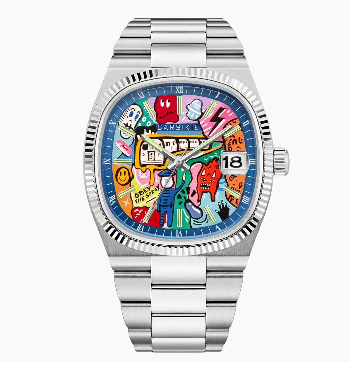Watch-51|Tonneau Graffiti Quartz Watch, Colorful Art Dial Stainless Steel Bracelet with Date