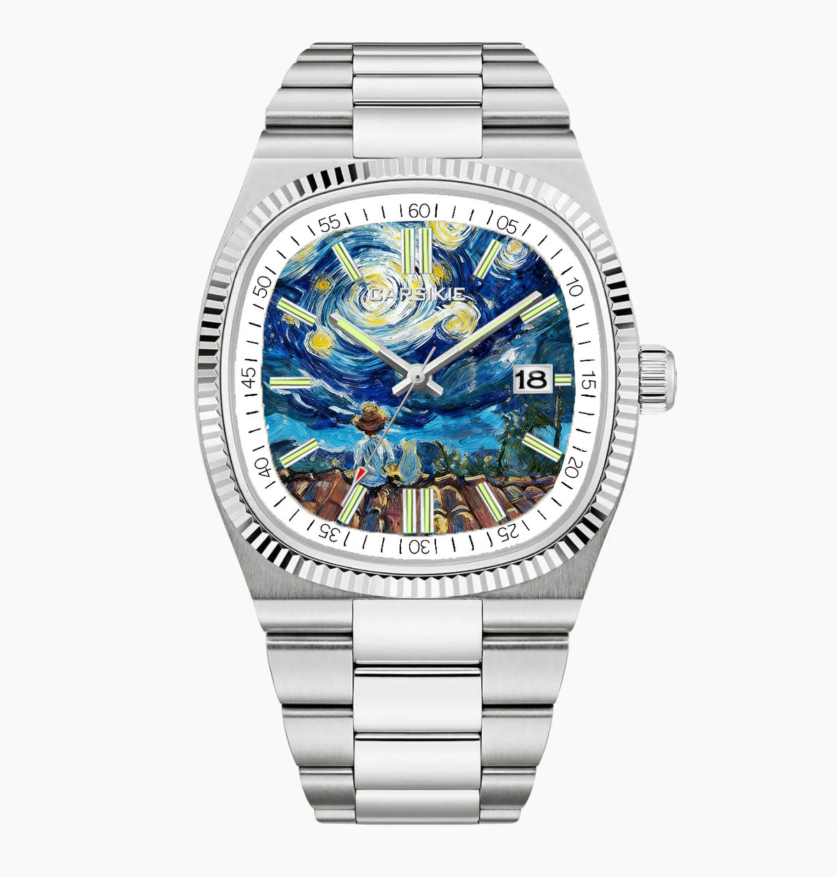 Watch-52|Art Painting Quartz Watch, Starry Night Dial Stainless Steel Bracelet with Date