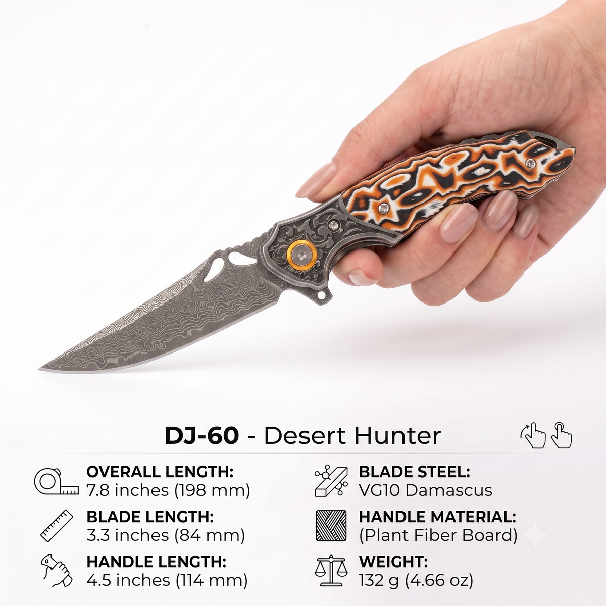 Orange‑Color‑Shell Handle Damascus  |DJ-60
