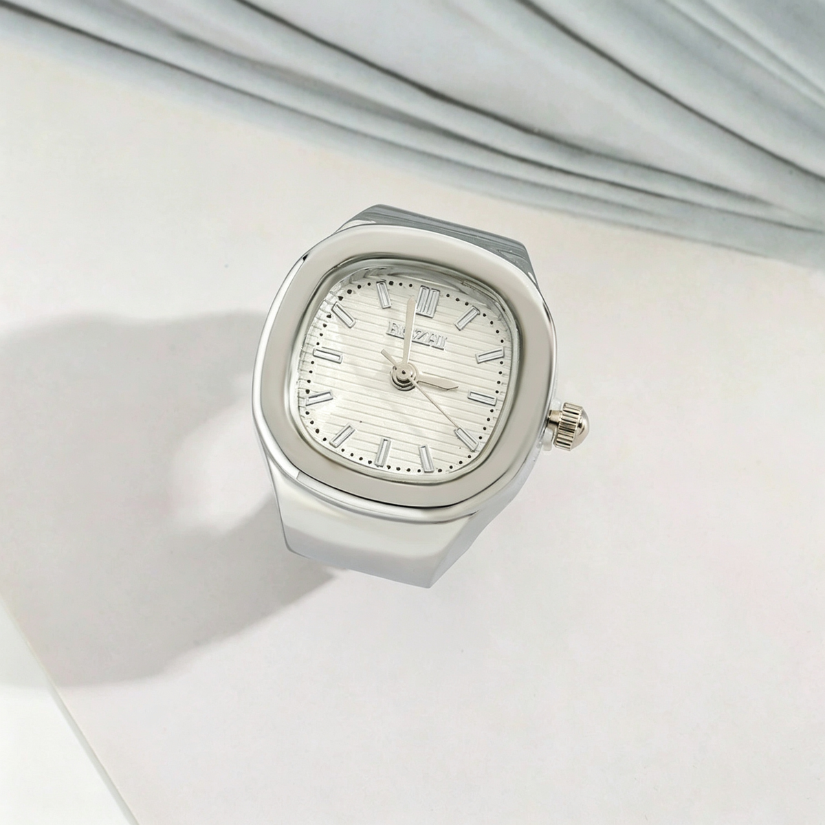 Mini Square Analog Quartz Ring Watch | Adjustable Metal Finger Timepiece