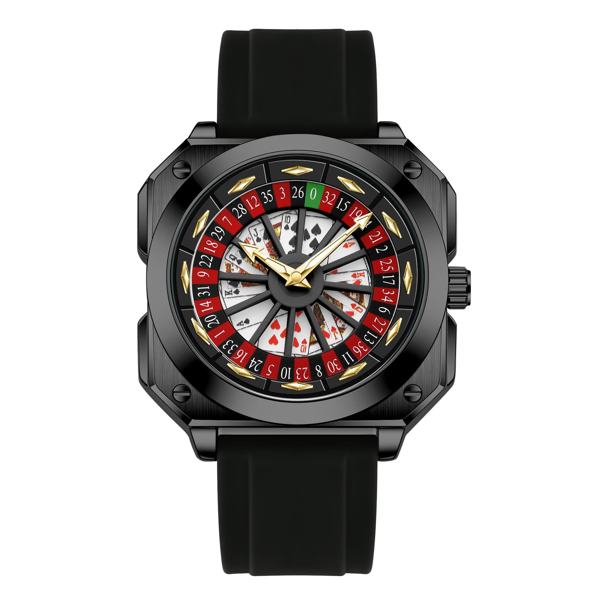 Black Square Roulette Poker Dial Men Watch Black Silicone Strap Novelty Quartz Wristwatch