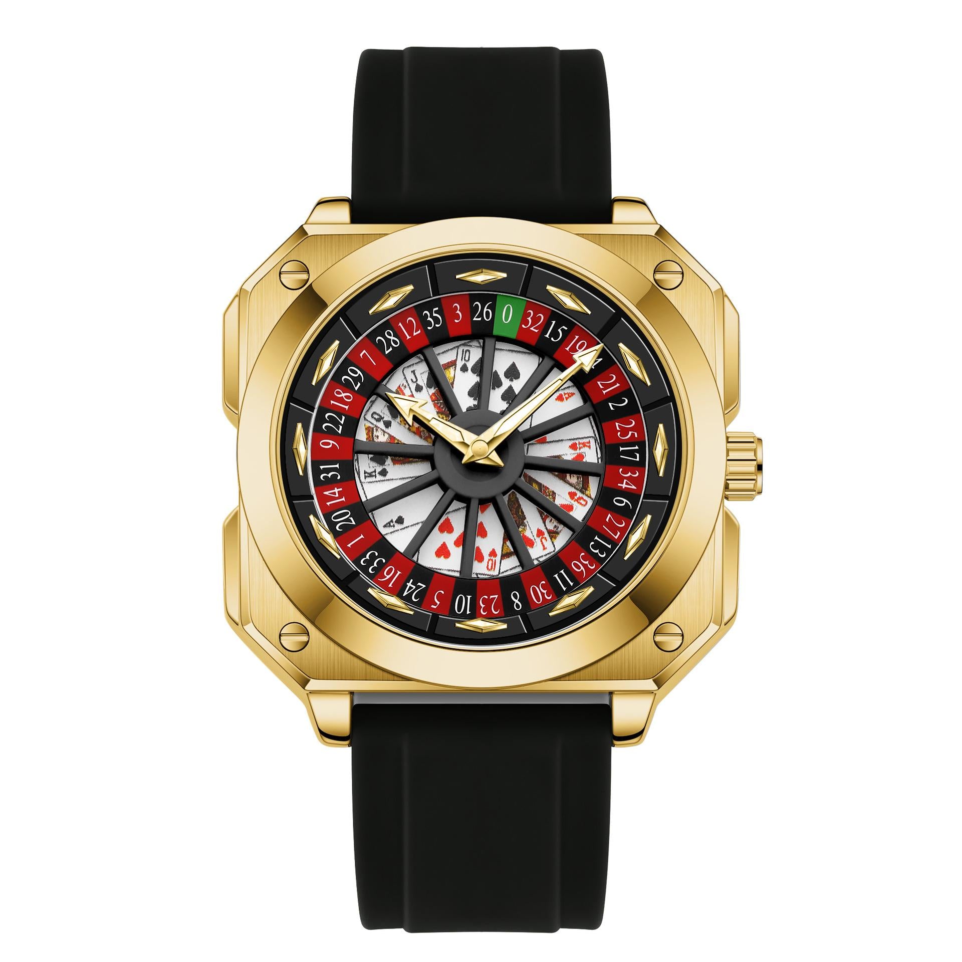 Gold Octagonal Roulette Poker Dial Men Watch Black Silicone Strap Unique Casino Quartz Wristwatch