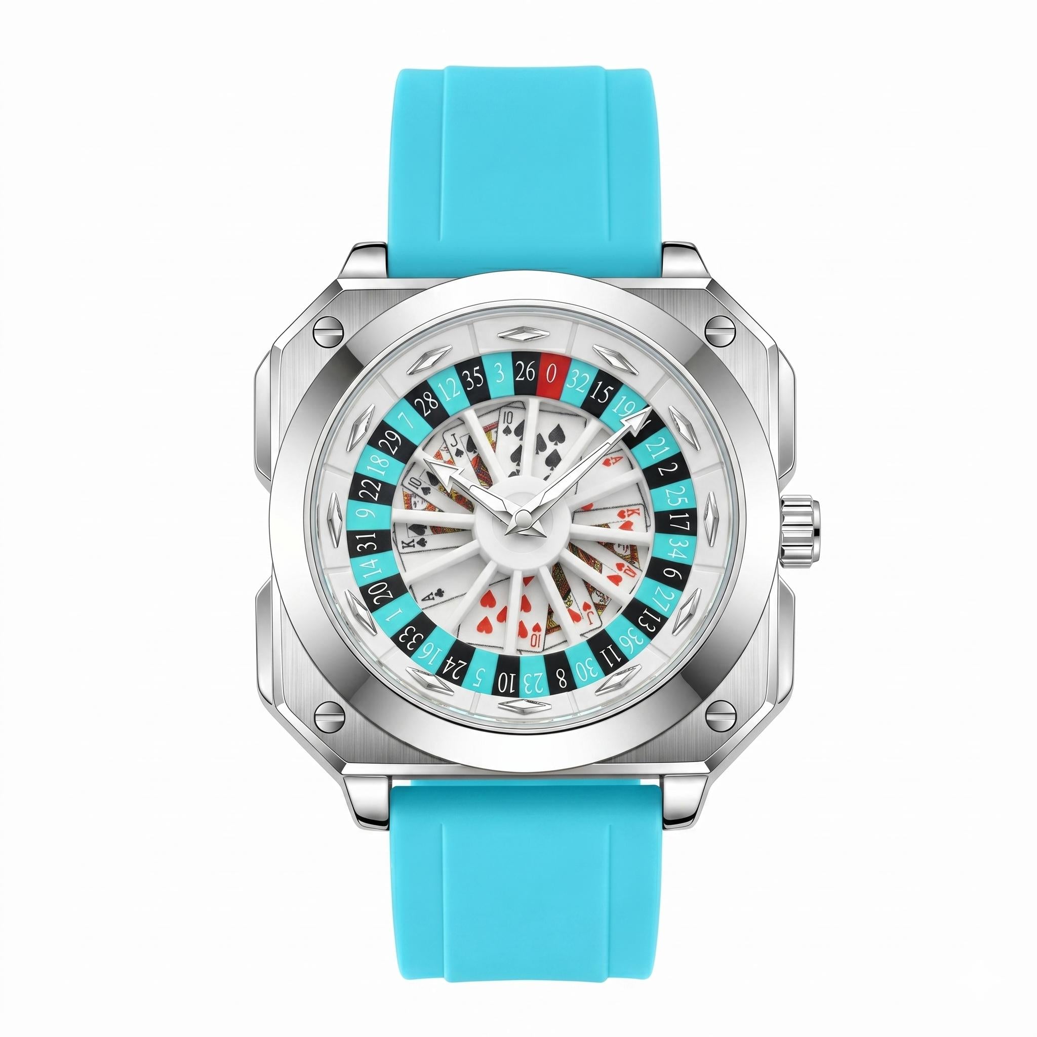 Silver Octagonal Roulette Poker Dial Men Watch Sky Blue Silicone Strap Casino Novelty Quartz Wristwatch