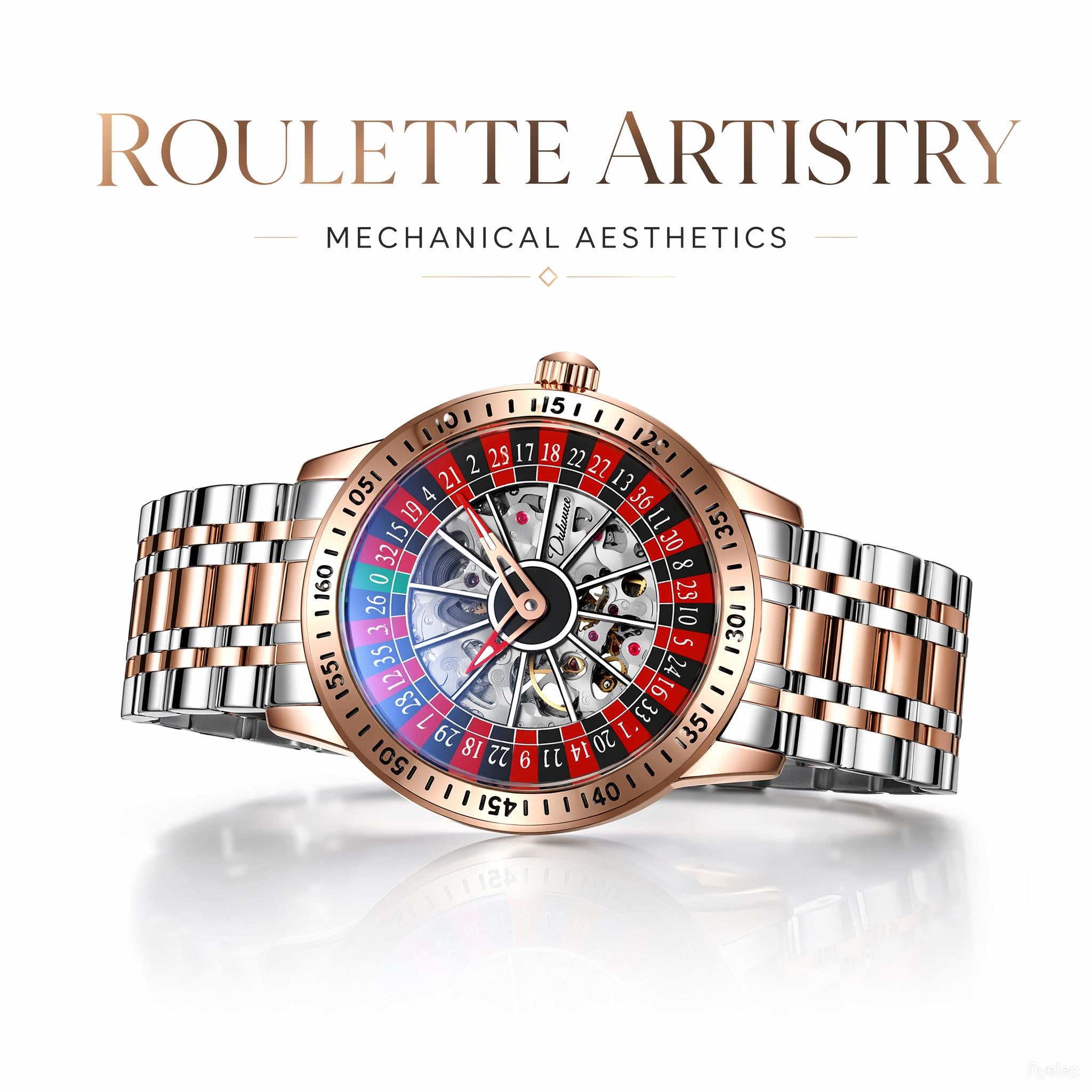 Men Roulette Skeleton Automatic Watch Rose Gold Silver Two Tone Metal Bracelet Mechanical Wristwatch