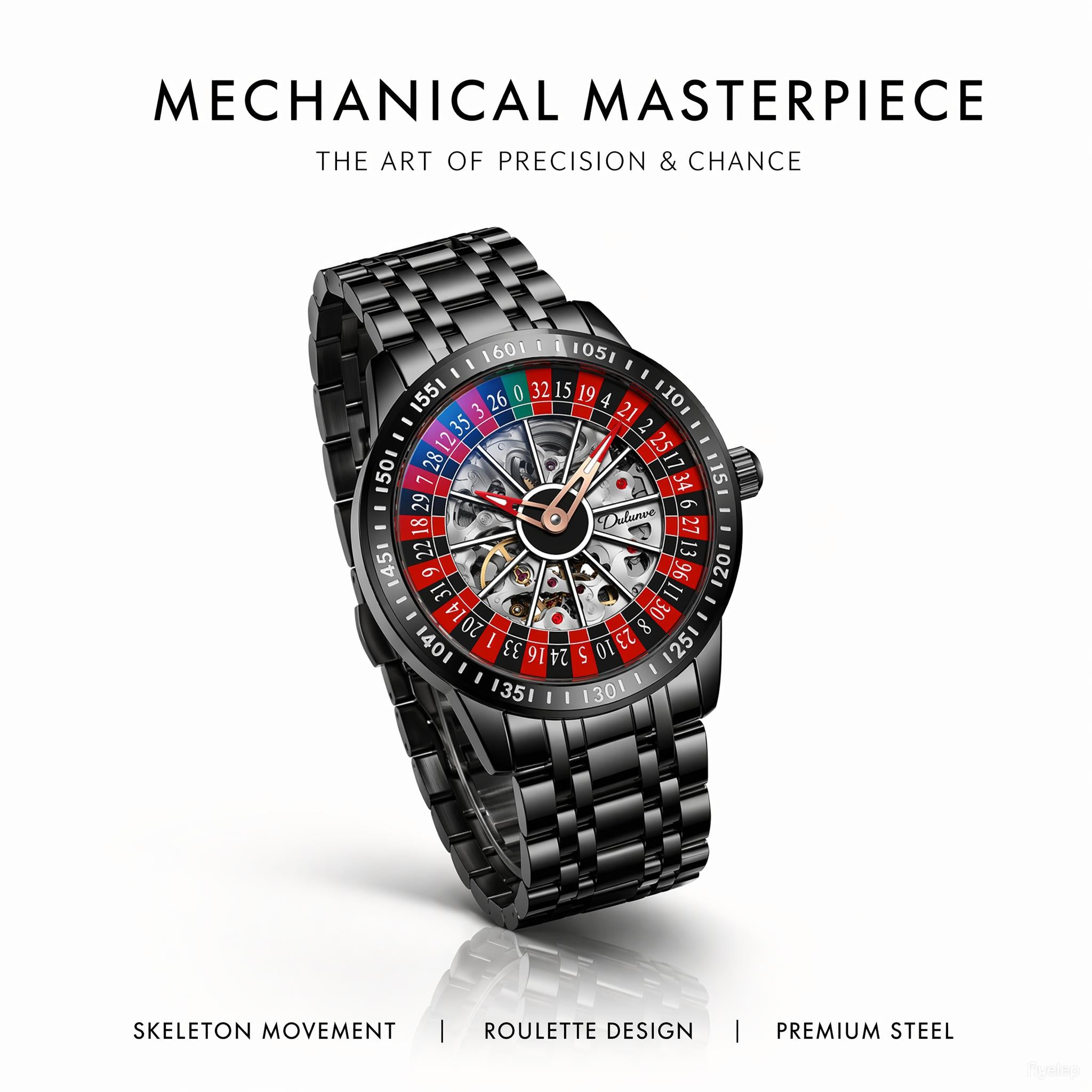 All Black Stainless Steel Roulette Skeleton Automatic Mechanical Men Watch Casino Hollow Wristwatch
