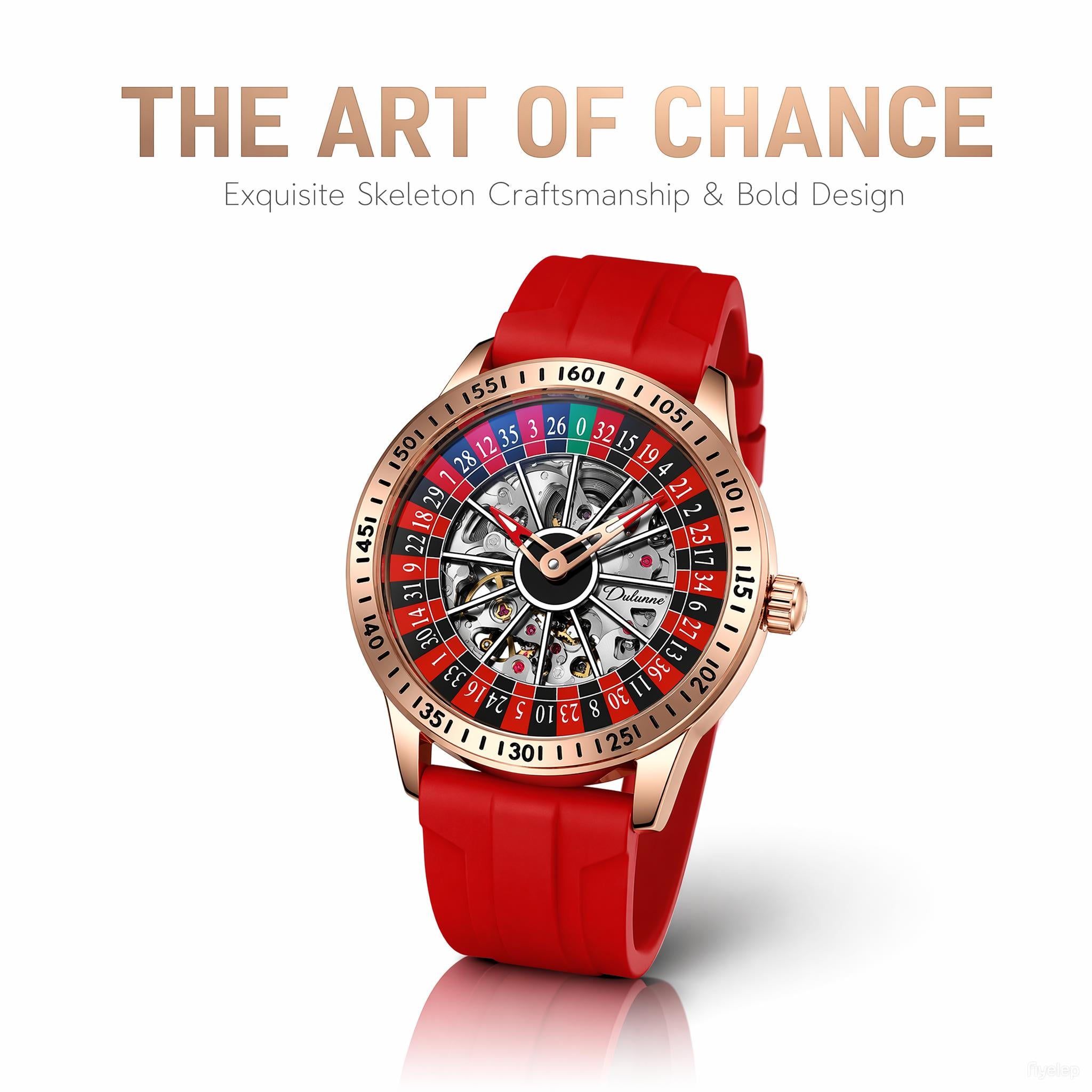 Rose Gold Roulette Skeleton Automatic Mechanical Men Watch Red Silicone Strap Casino Hollow Wristwatch