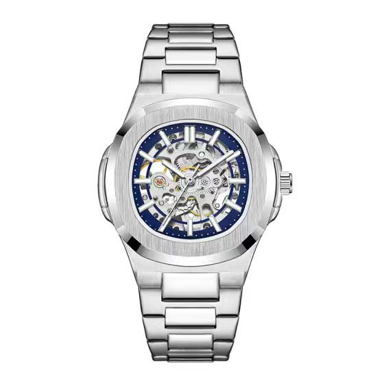 Silver Octagonal Hollow Skeleton Men Watch Blue Bezel Stainless Steel Quartz Wristwatch