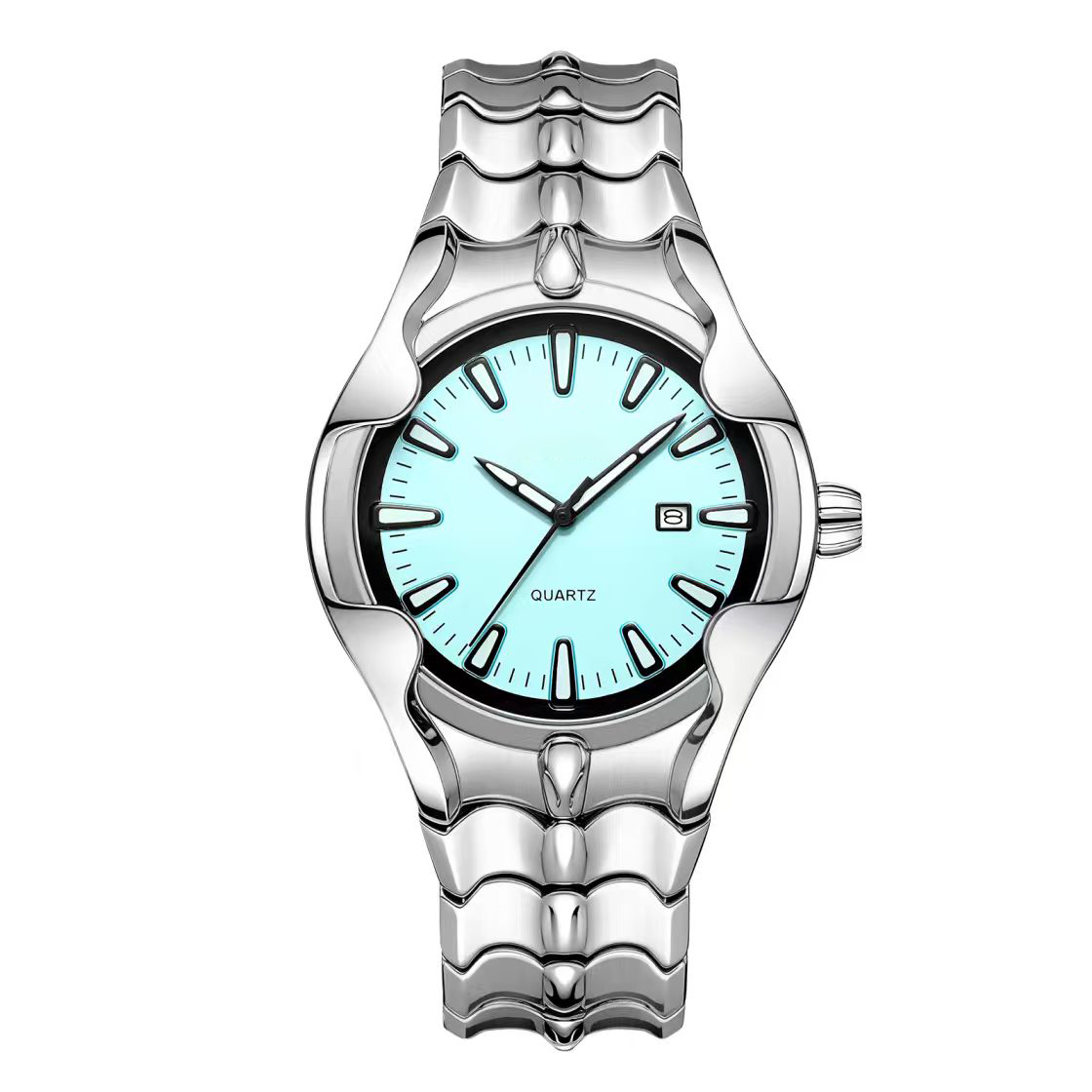 Silver Stainless Steel Men Watch Light Blue Dial Date Quartz Wristwatch