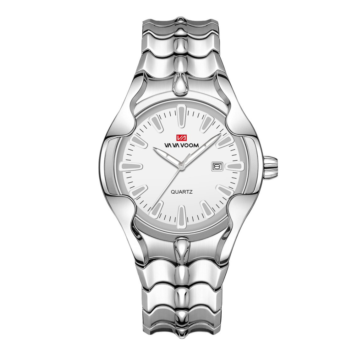 Silver Stainless Steel Watch White Dial Date Quartz Wristwatch