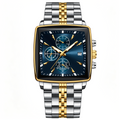 Two Tone Gold Silver Square Men Watch Blue Dial Chronograph Date Stainless Steel Quartz Wristwatch
