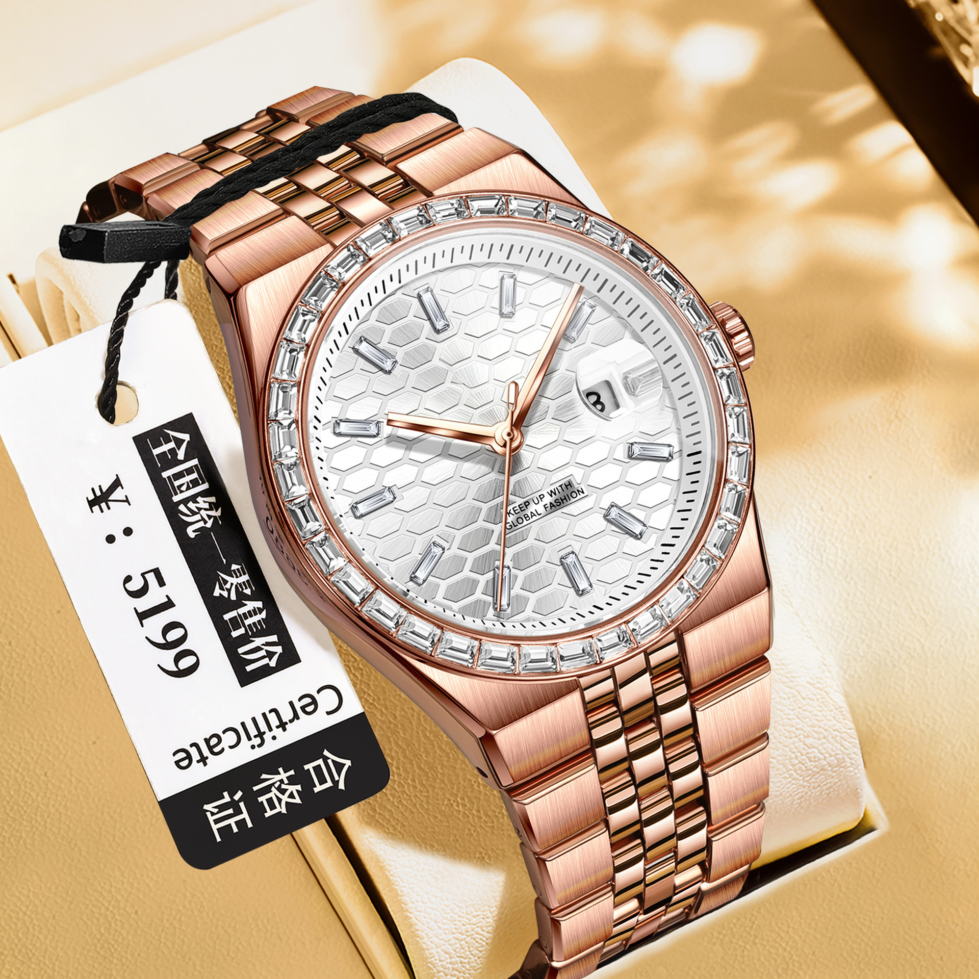 Rose Gold Stainless Steel Men Quartz Watch White Honeycomb Dial Crystal Bezel Date Display Wristwatch