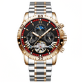 Gold Silver Men Watch Black Hollow Dial Moon Phase Week Calendar Stainless Steel Quartz Wristwatch