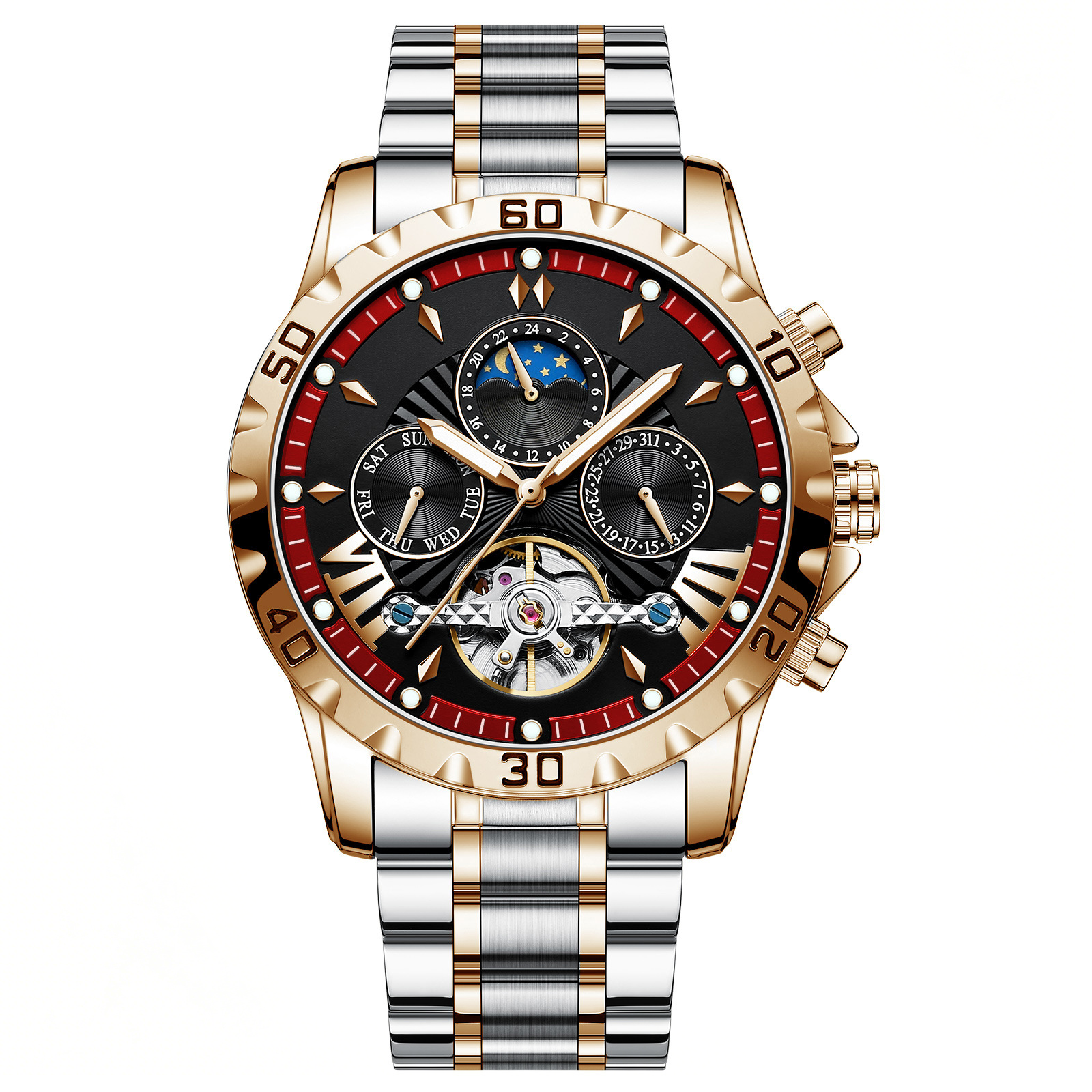 Gold Silver Men Watch Black Hollow Dial Moon Phase Week Calendar Stainless Steel Quartz Wristwatch