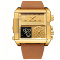 Gold Square Men Watch Brown Leather Strap Multi Time Zone Analog Digital Dual Display Quartz Wristwatch