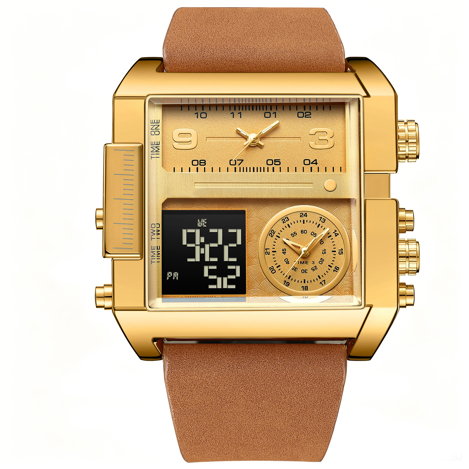 Gold Square Men Watch Brown Leather Strap Multi Time Zone Analog Digital Dual Display Quartz Wristwatch