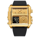 Gold Square Men Watch Black Leather Strap Multi Time Zone Analog Digital Dual Display Quartz Wristwatch