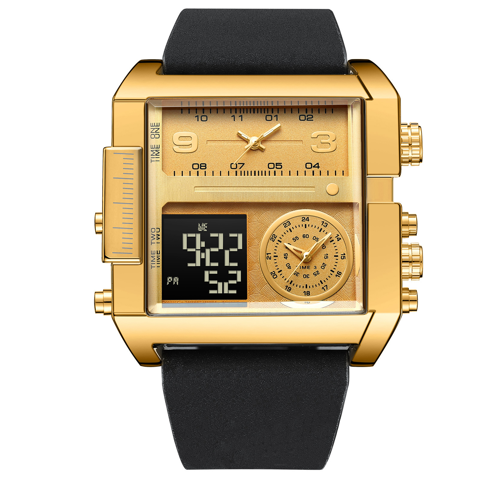 Gold Square Men Watch Black Leather Strap Multi Time Zone Analog Digital Dual Display Quartz Wristwatch
