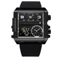 Black Square Men Watch Black Leather Strap Multi Time Zone Analog Digital Dual Display Quartz Wristwatch