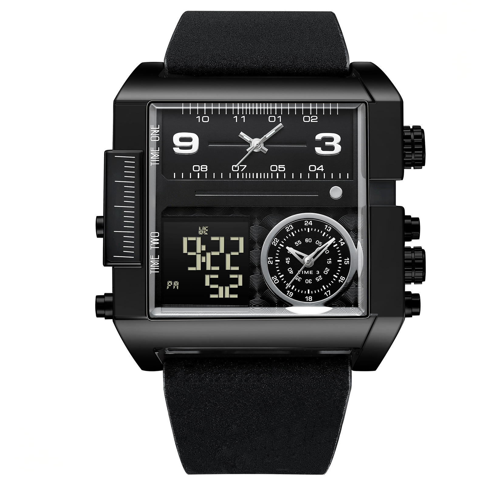 Black Square Men Watch Black Leather Strap Multi Time Zone Analog Digital Dual Display Quartz Wristwatch