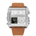 Silver Square Men Watch Brown Leather Strap Multi Time Zone Analog Digital Dual Display Quartz Wristwatch