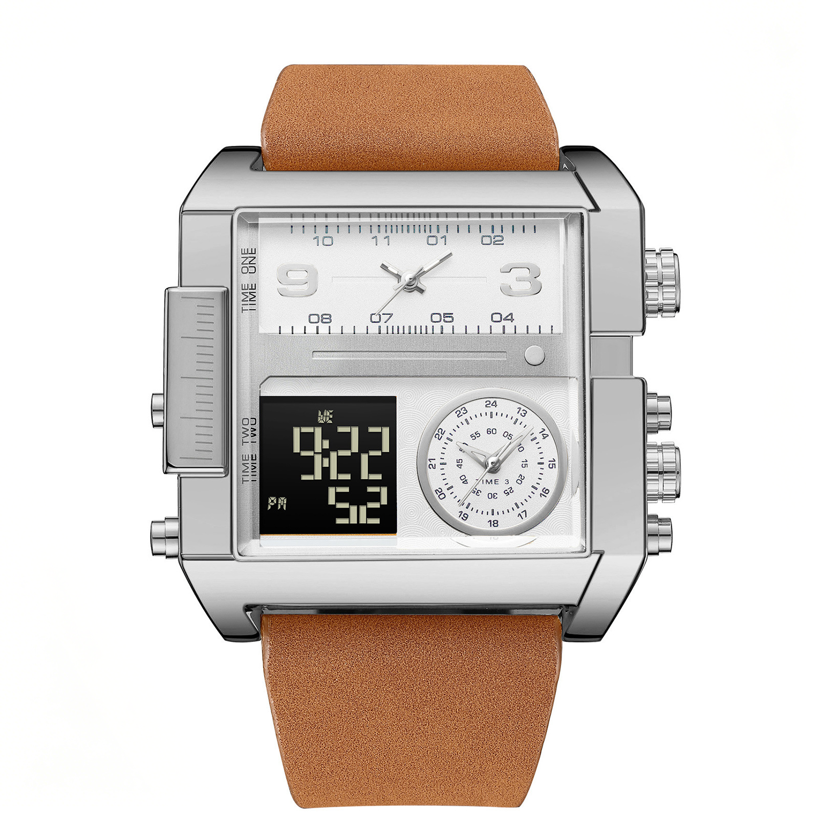 Silver Square Men Watch Brown Leather Strap Multi Time Zone Analog Digital Dual Display Quartz Wristwatch