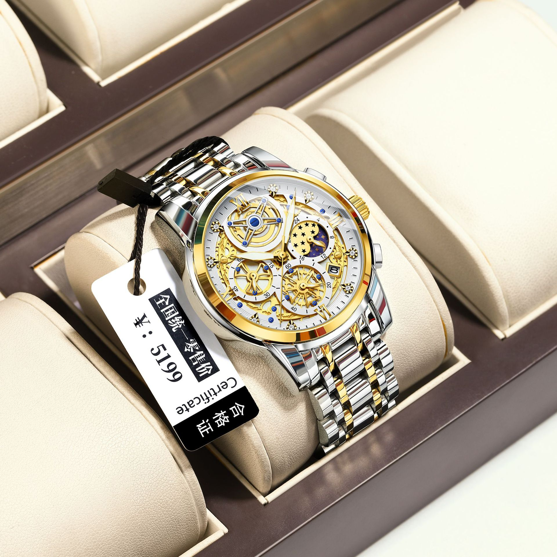 Two Tone Gold Silver Men Watch Hollow Skeleton Moon Phase Multi Dial Stainless Steel Quartz Wristwatch