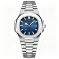Octagonal Stainless Steel Quartz Watch Blue Textured Dial Date Analog Wristwatch