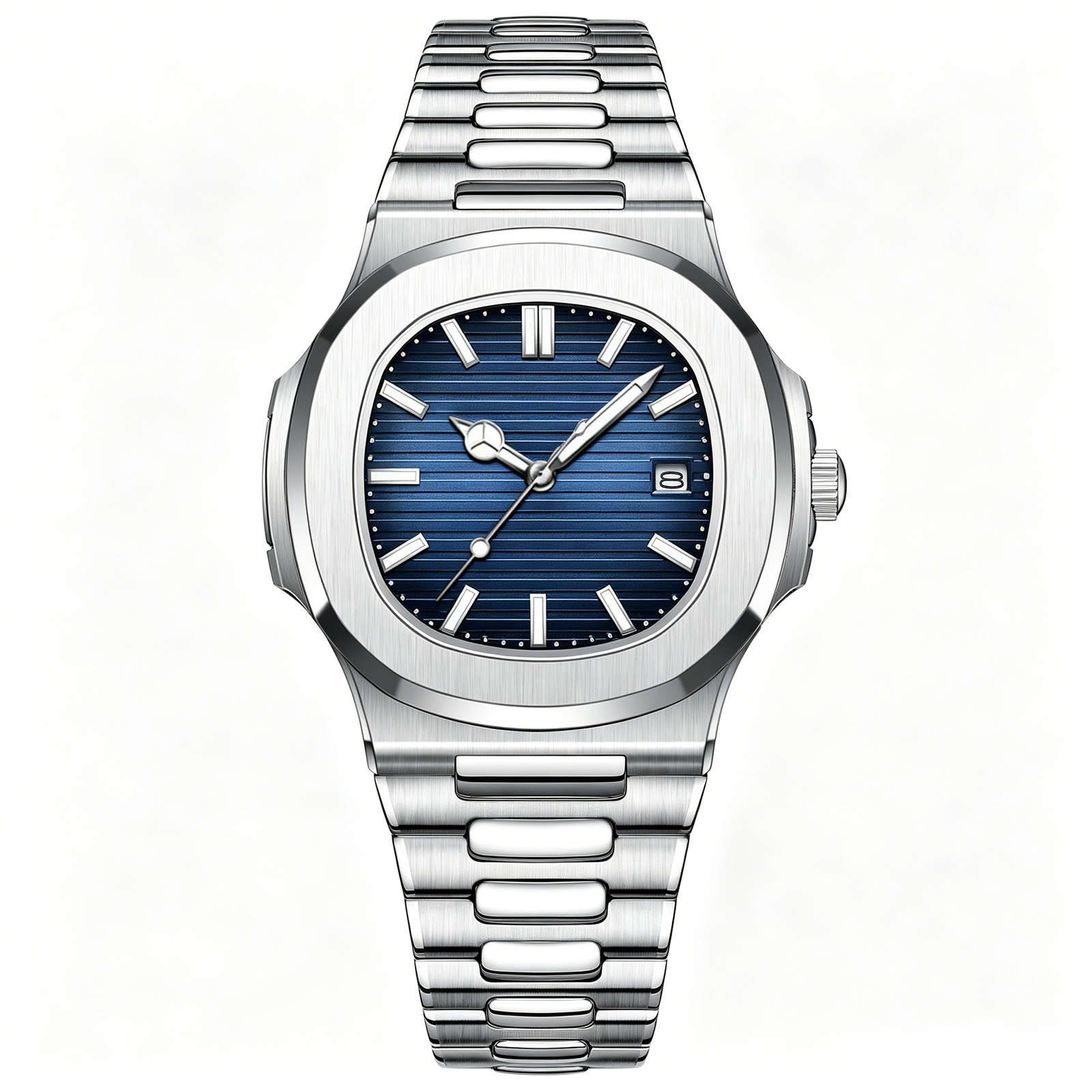 Octagonal Stainless Steel Quartz Watch Blue Textured Dial Date Analog Wristwatch